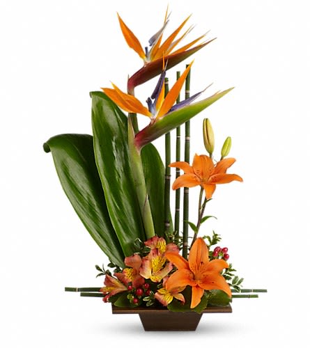 Tropical flower arrangement with orange lilies and bird of paradise in a low vase