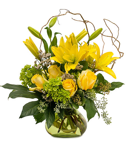 Oh Baby - Roses lilies and hydrangea are combined with premium foliage to make this special presentation. Approximately 13 W X 15 H As Shown : TMF14-281