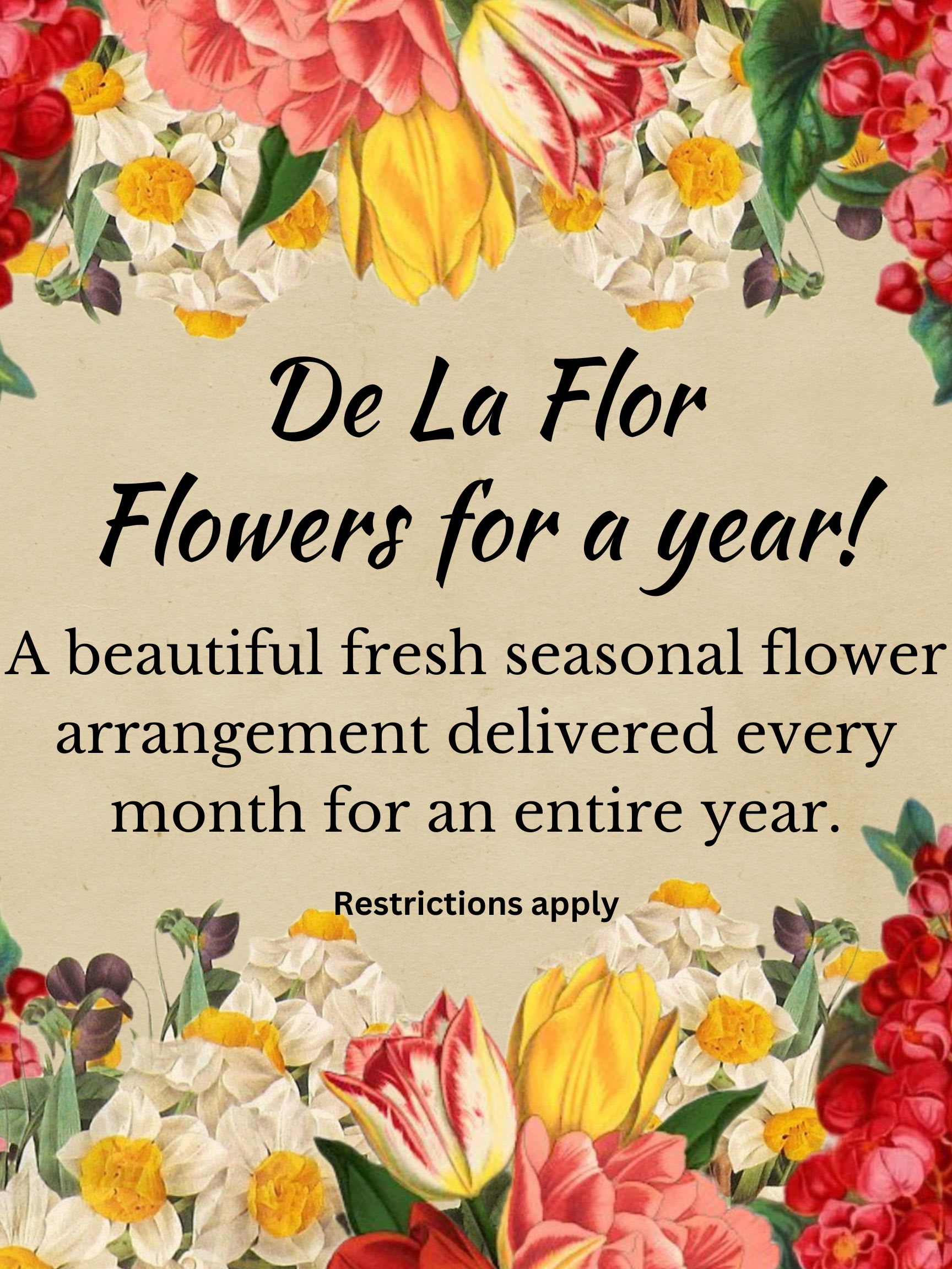Floral promotional sign with colorful flowers around text