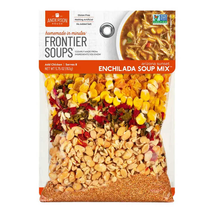 Bag of enchilada soup mix with visible dried vegetables and corn