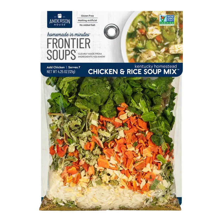 Package of chicken and rice soup mix with dried vegetables and rice