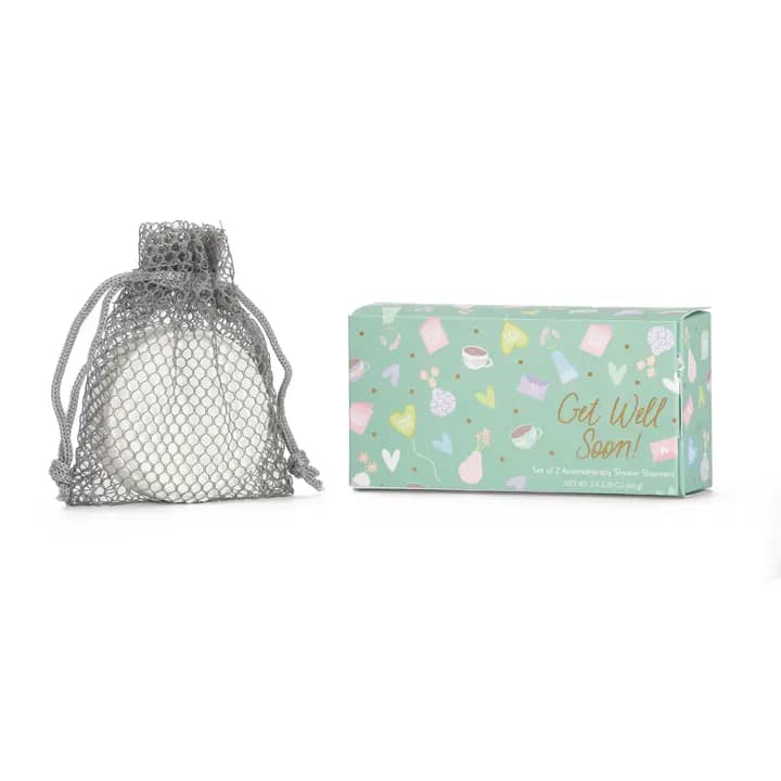Mesh drawstring pouch beside a mint-green "Get Well Soon" gift box