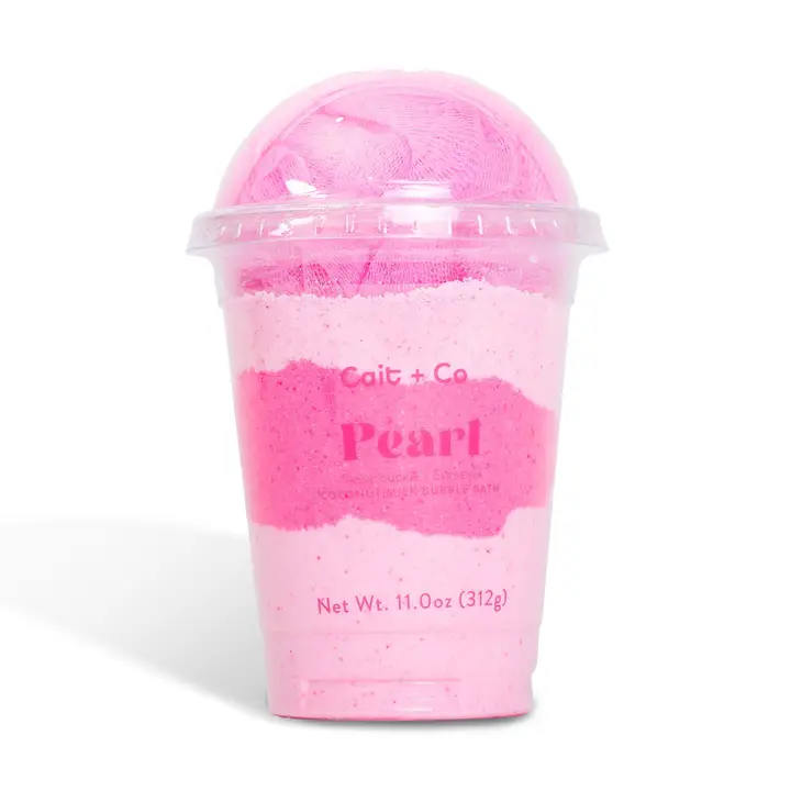 Pink bath product in a clear plastic cup with a dome lid