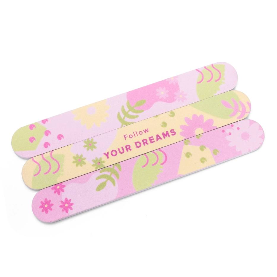 Three pastel floral nail files with "Follow Your Dreams" text