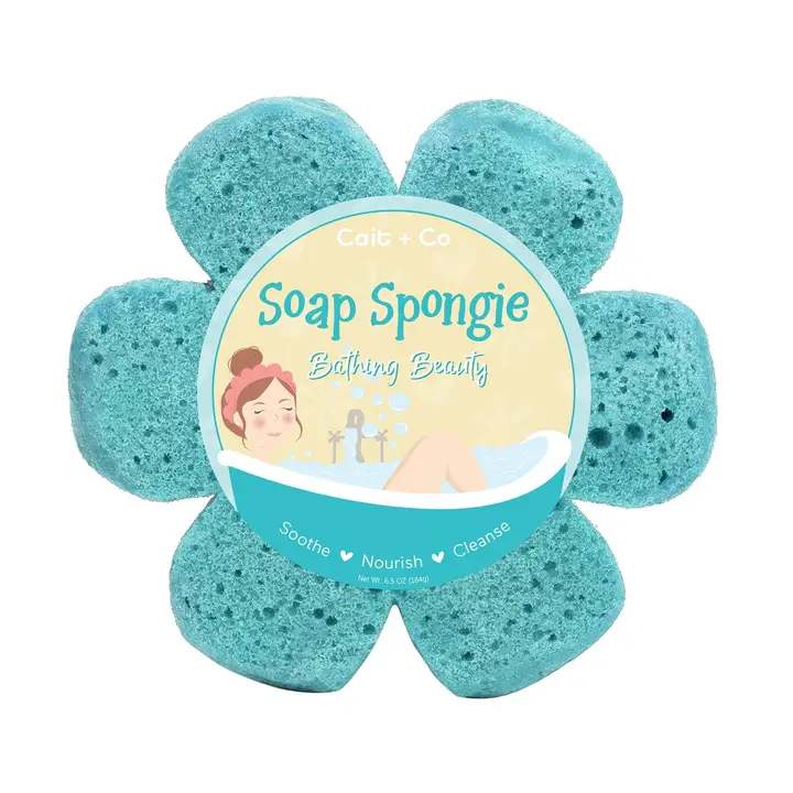 Flower-shaped blue bath sponge with a labeled center