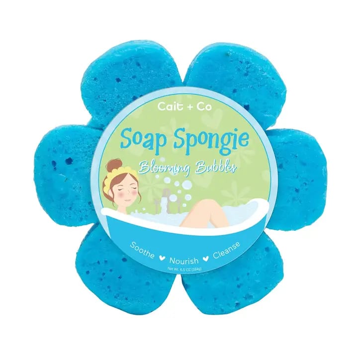 Blue flower-shaped soap sponge with a round label