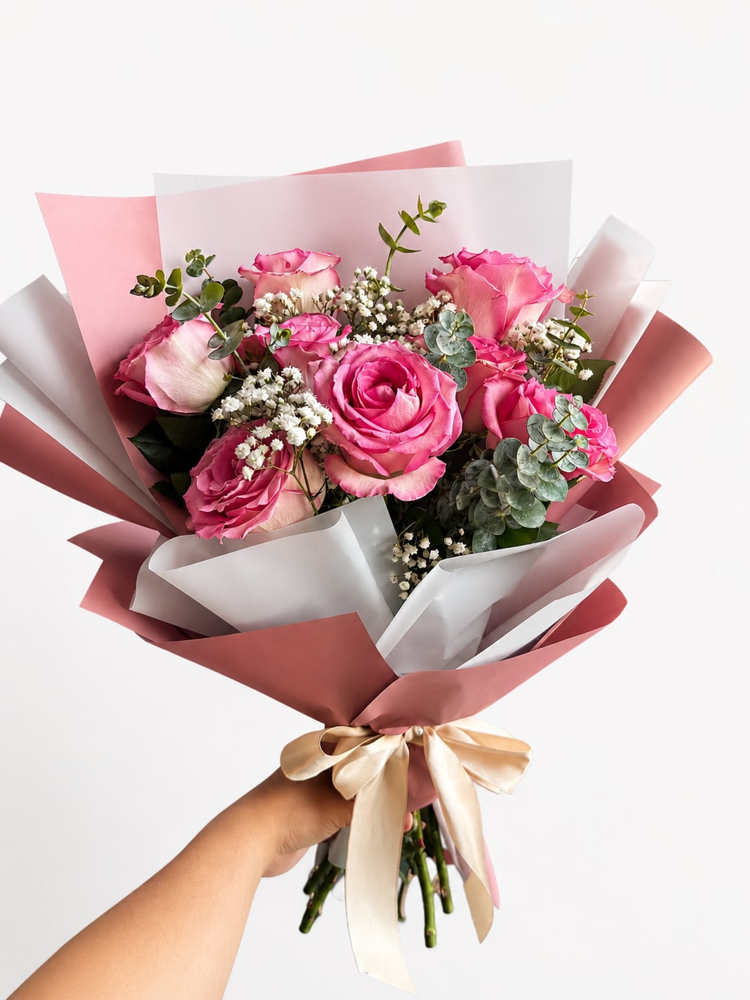  Blushing Elegance Bouquet  - A timeless bouquet featuring 6 premium pink roses, delicate baby’s breath, fresh spiral eucalyptus, and soft blush wrapping finished with a luxurious ivory satin ribbon. Designed to express love, admiration, and heartfelt appreciation. 
