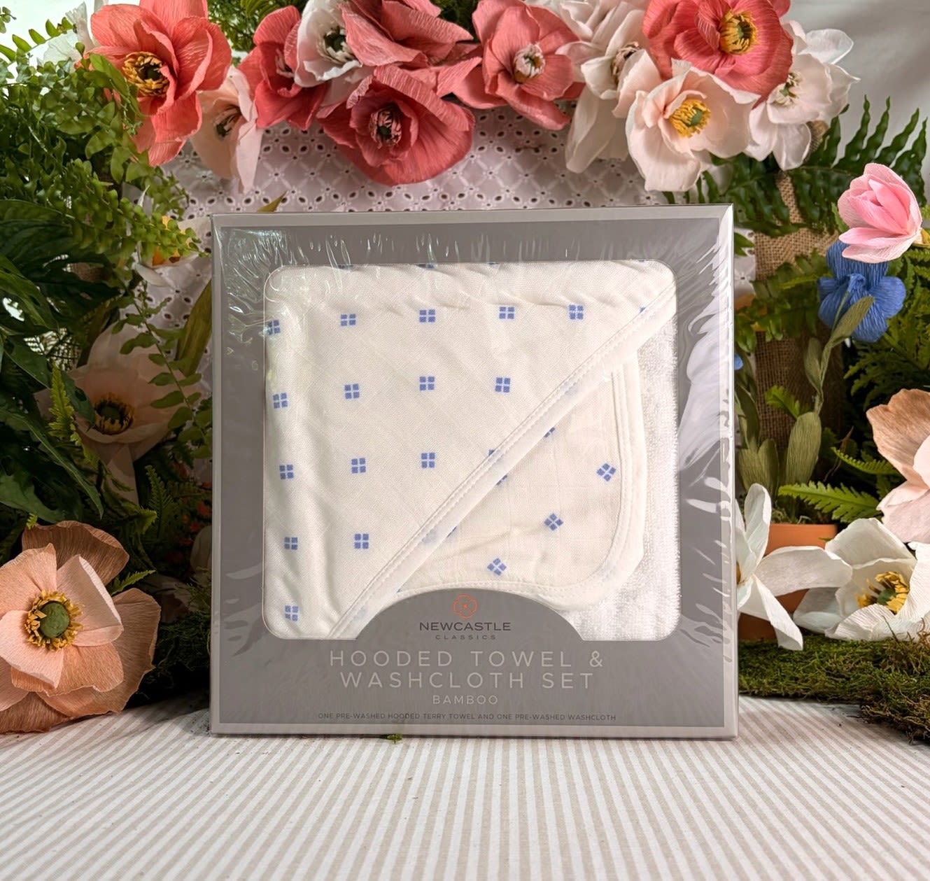 Periwinkle Dot Bamboo Hooded Towel and Washcloth Set - Keep your little one warm and dry in this soft bamboo hooded towel. This easy to care for towel and washcloth set is machine washable and gets softer with every wash.  Size: 35" x 35" (89cm x 89cm)  Material: 100% Natural Bamboo Muslin 