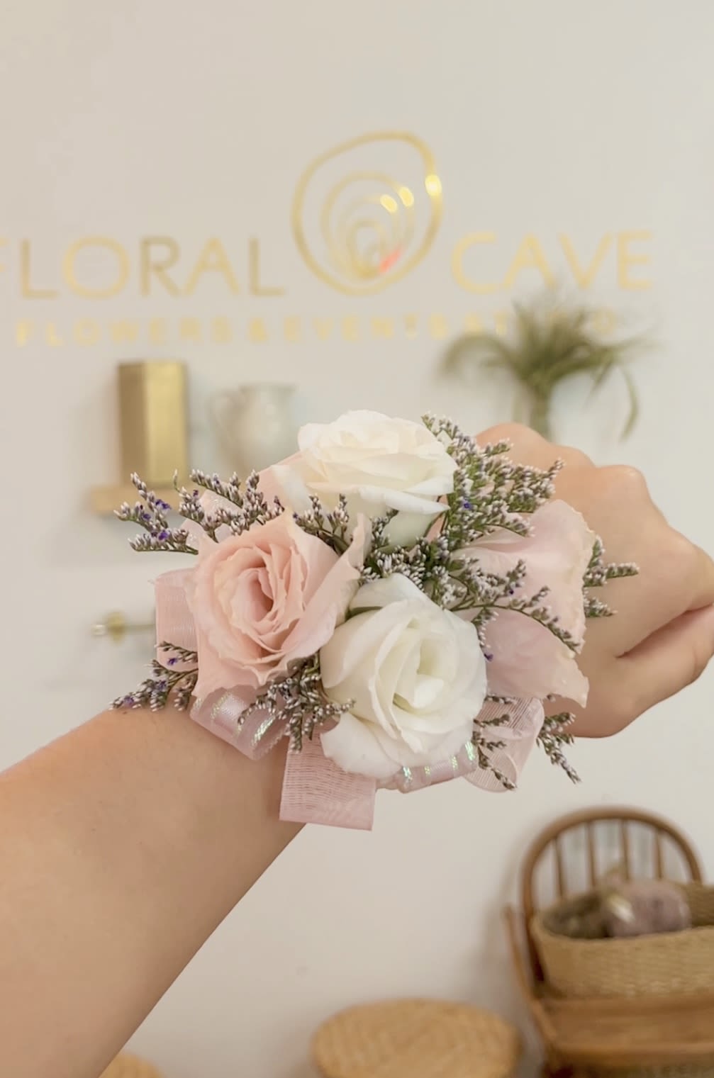  Corsage (Pearl Bracelet) - Floral Cave's Prom Corsages!  Select a theme: Pink, Peach, Yellow, Green, Blue, or Purple. Up to 2 custom ribbon colors available upon request. (Please specify your choice in the notes)  Disclaimer: Materials may vary based on availability; we'll match the photo as closely as possible