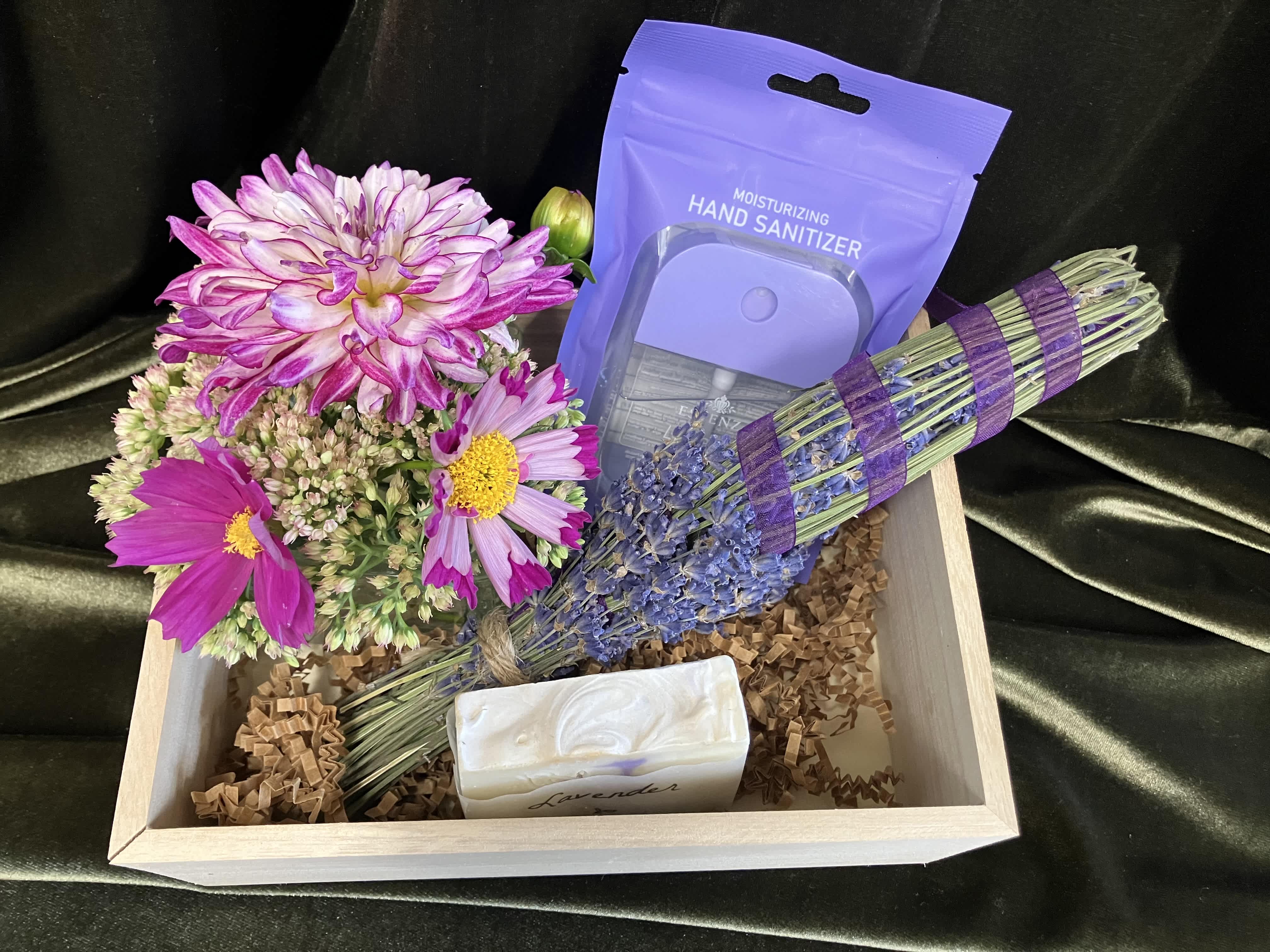 Gift box with mixed flowers, lavender bundle, soap, and hand sanitizer