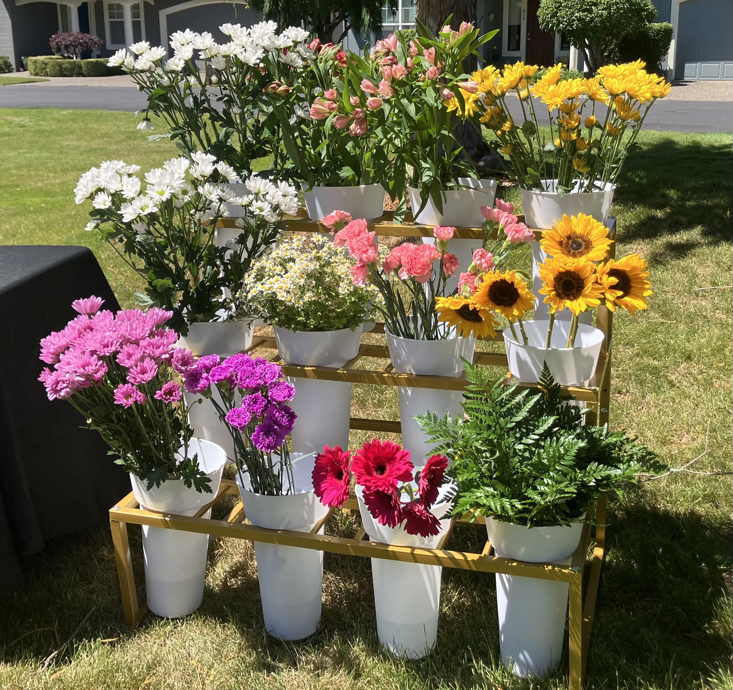Tiered display of potted chrysanthemums and gerbera daisies in white containers