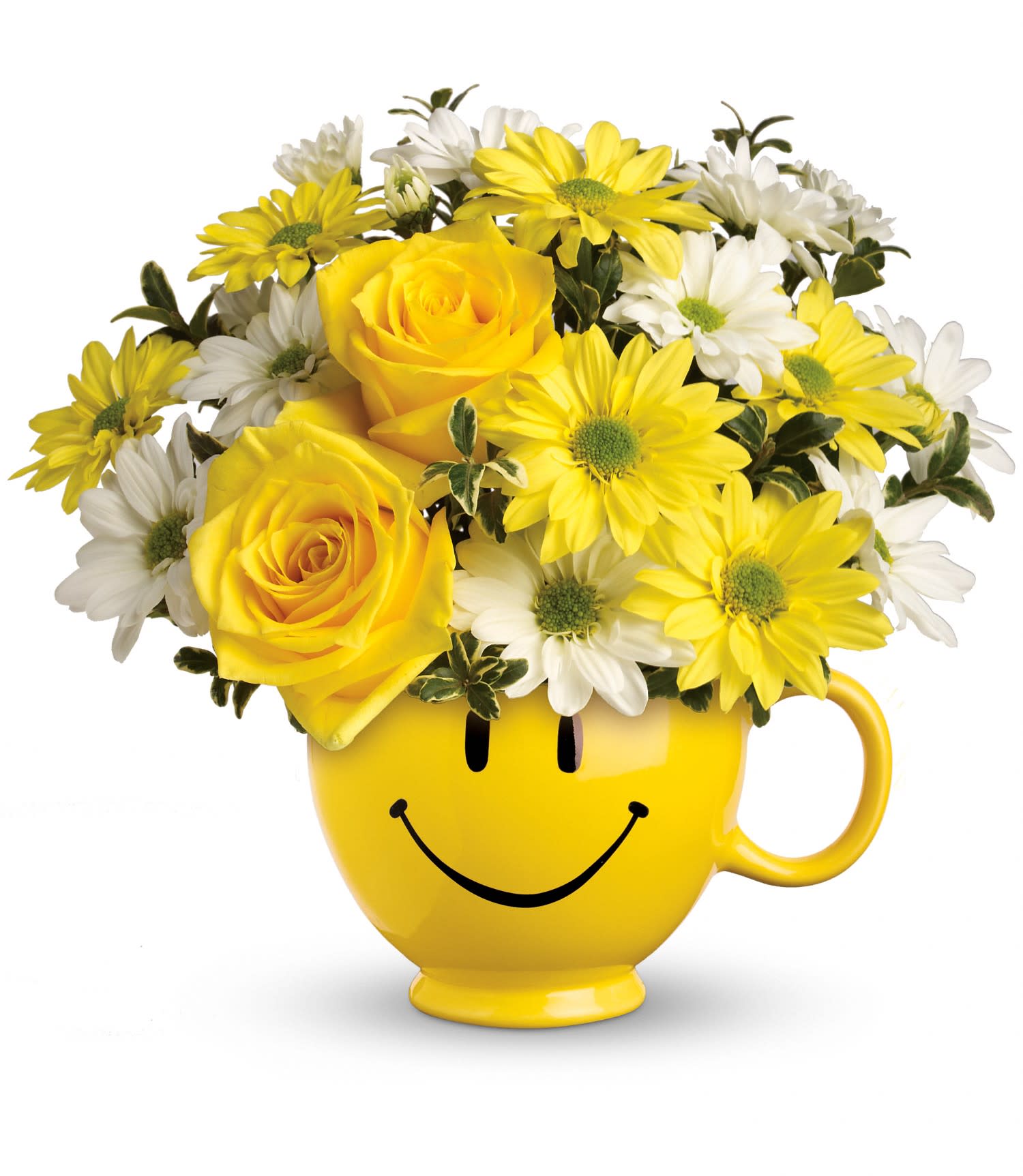 Yellow and white daisies with yellow roses arranged in a yellow smiley-face mug