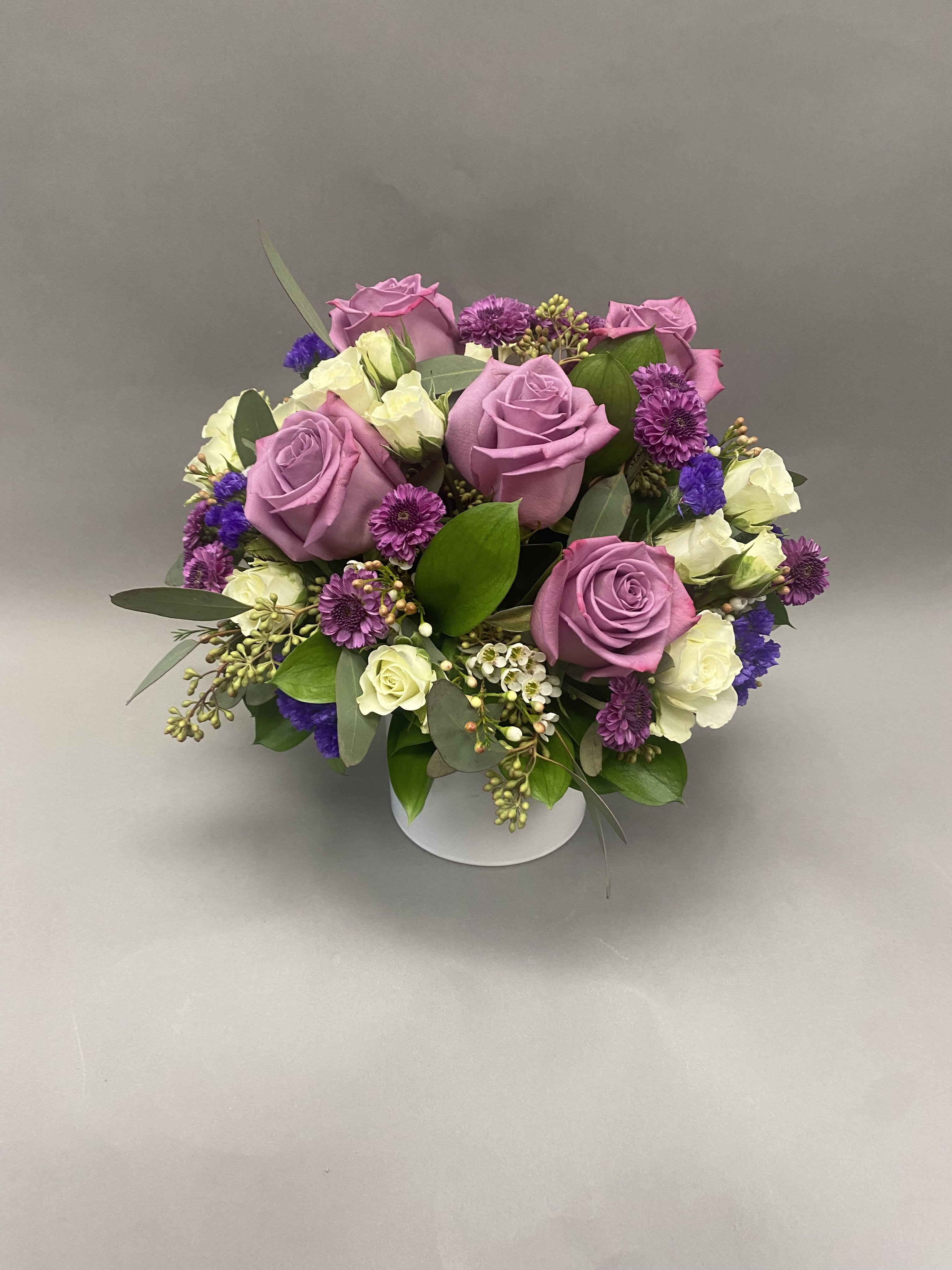 Lavender Margarita  - Lavender seasonal flowers in a small white glass vase. Perfect for any occasion. 