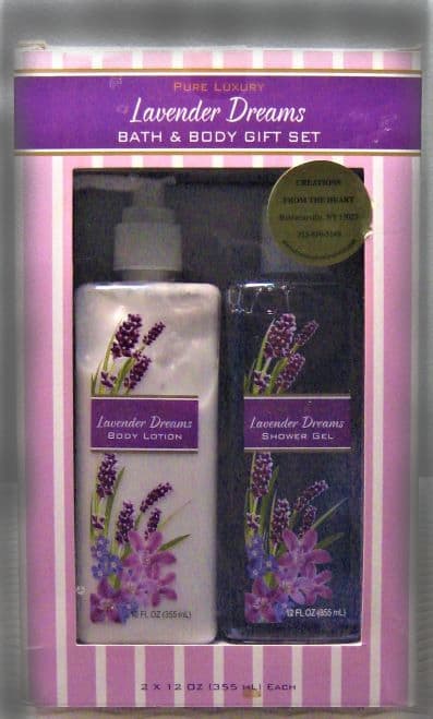 Lavender Dreams bath and body gift set in a pink striped box