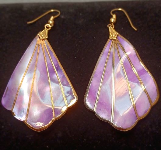 Pair of purple iridescent shell earrings with gold-tone hooks