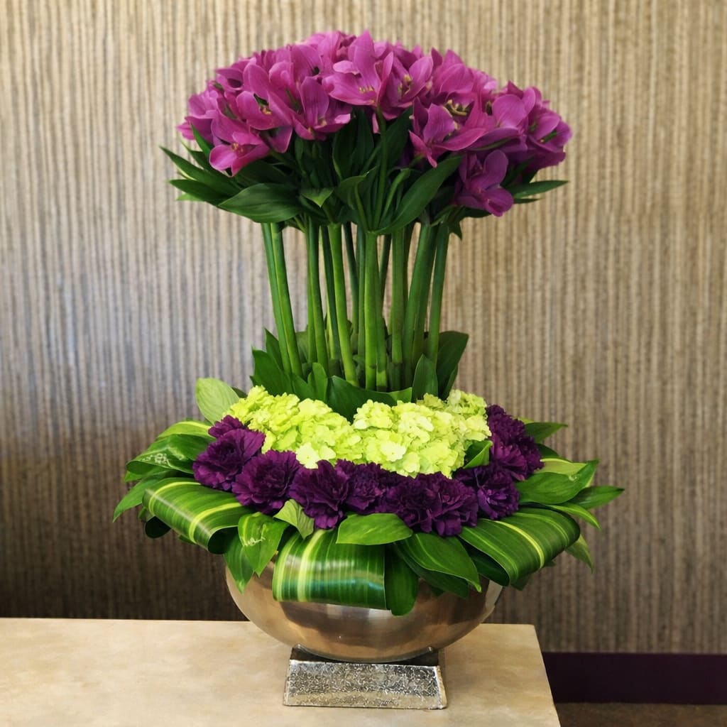 Heaven High - A serene, uplifting design created to bring comfort and beauty to any space. Tall stems of purple alstroemeria rise gracefully above a lush ring of lime‑green hydrangea and deep purple accent blooms. At the base, glossy variegated foliage fans outward, adding structure and balance. Presented in a reflective metallic vase atop a square pedestal, Heaven High offers height, elegance, and a peaceful presence — ideal for sympathy tributes, memorial services, or any occasion that calls for a touch of grace.