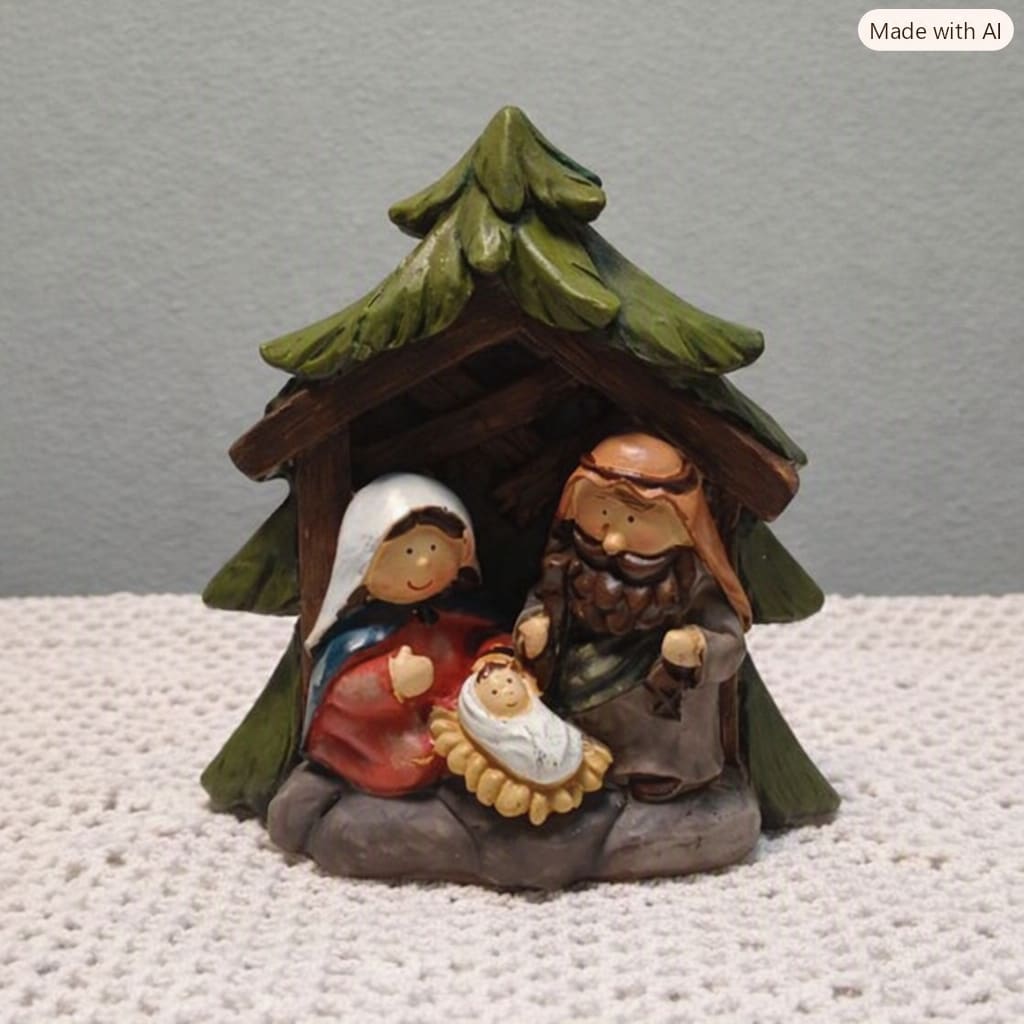 Nativity figurine with Mary, Joseph, and baby Jesus under a small stable