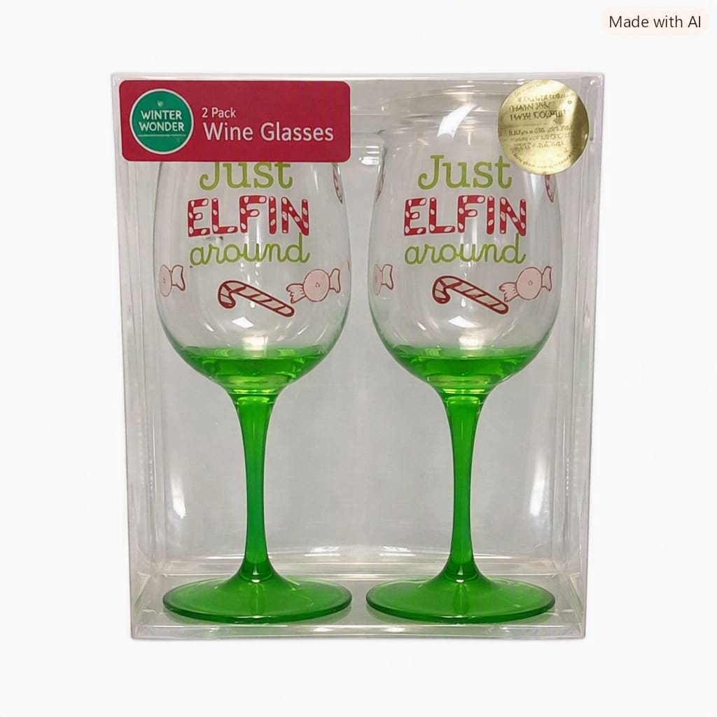Two green-stemmed wine glasses in a clear gift box with holiday text.