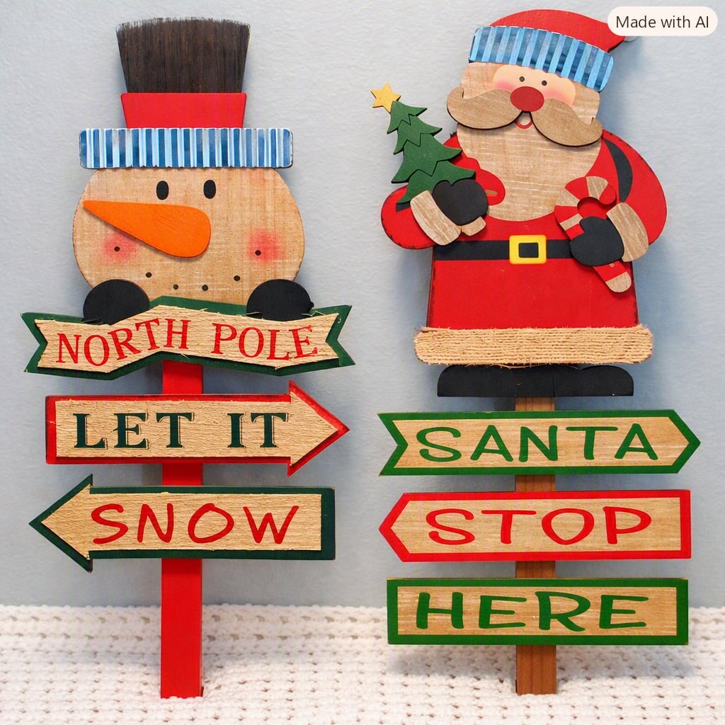 Wooden Christmas signs with a snowman and Santa holding a tree.