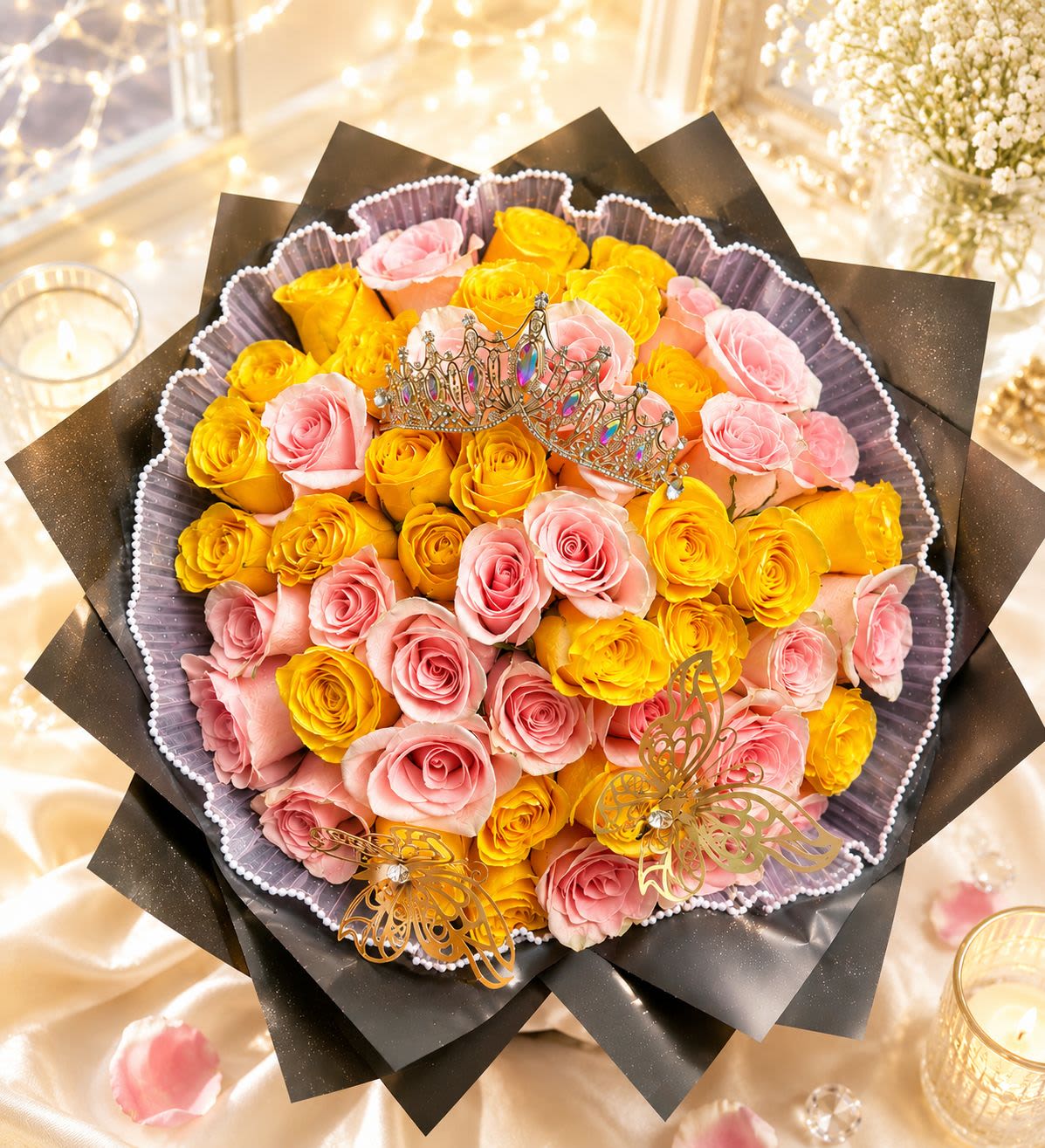 Sunshine Love- 50 Roses - 50 Rose Bouquet + Butterflies Includes Crown