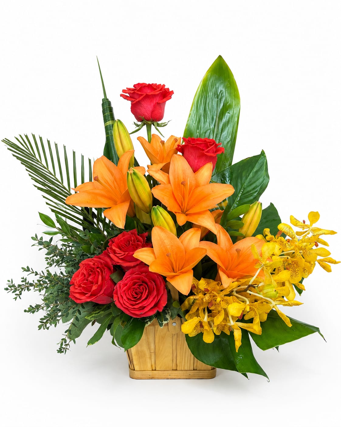 Basket arrangement of red roses, orange lilies, and yellow orchids