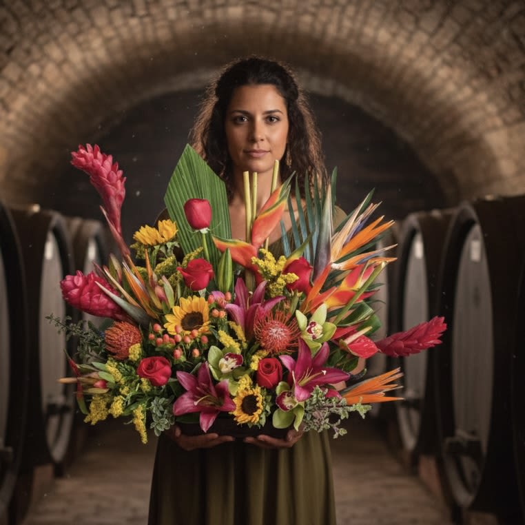 Woman holding a large tropical bouquet with bright pink, orange, and yellow flowers