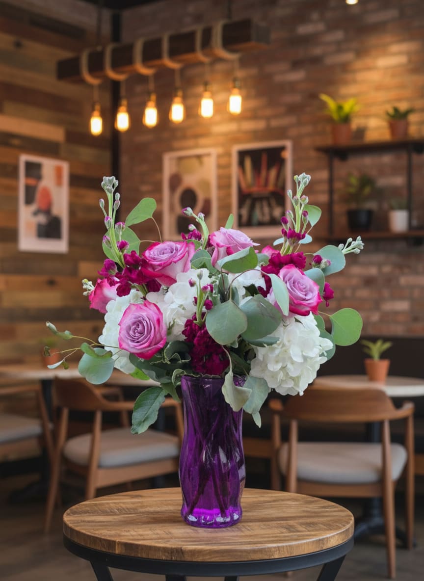 Lavender Roses  - Beautiful lavender roses, deep purple stock , large white hydrangeas, sprinkled with silver eucalyptus  in a purple tall vase. This arrangement is already made, ready to be delivered ot pick up. 