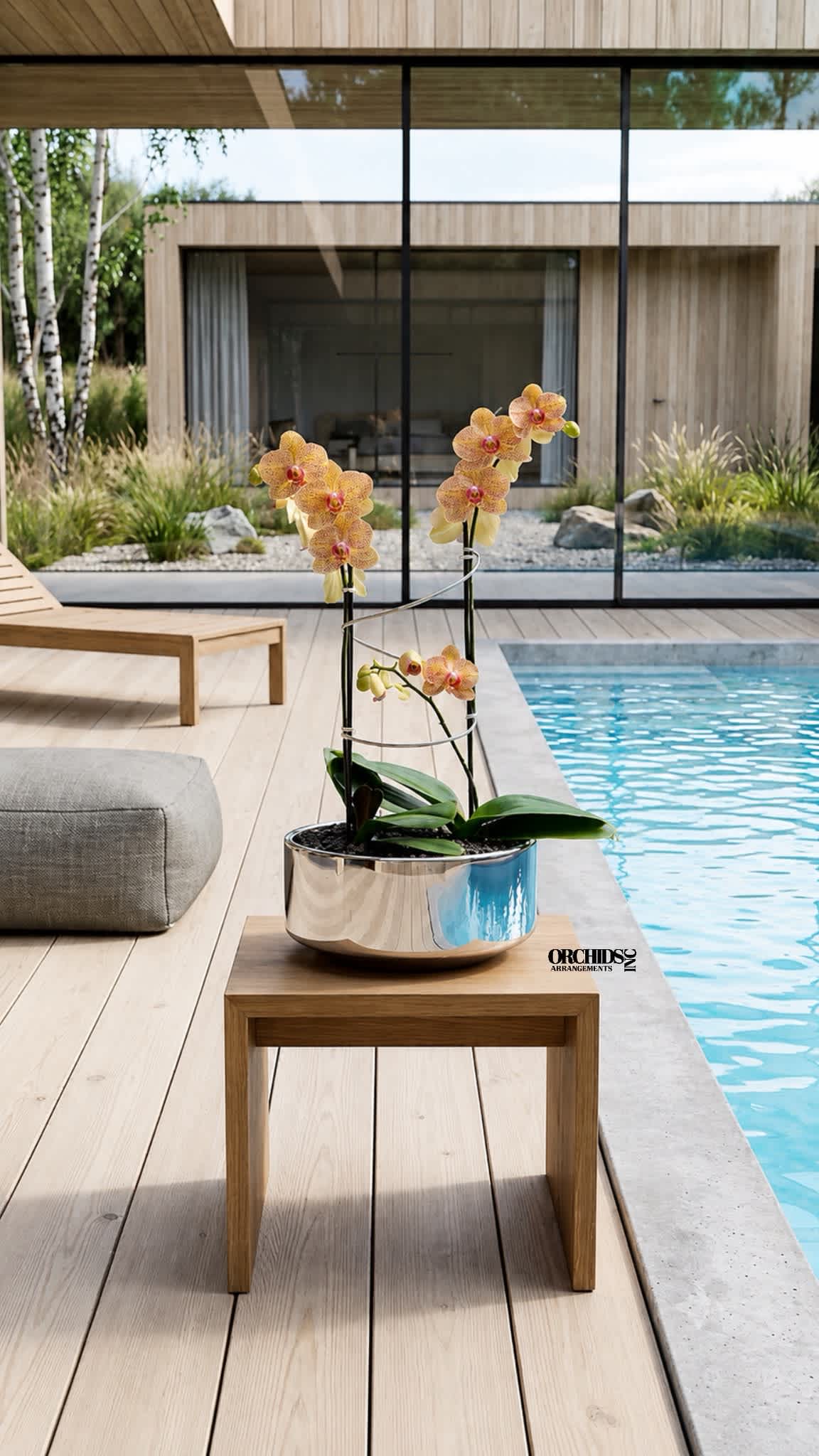 Potted orchid arrangement with peach blooms in a reflective bowl