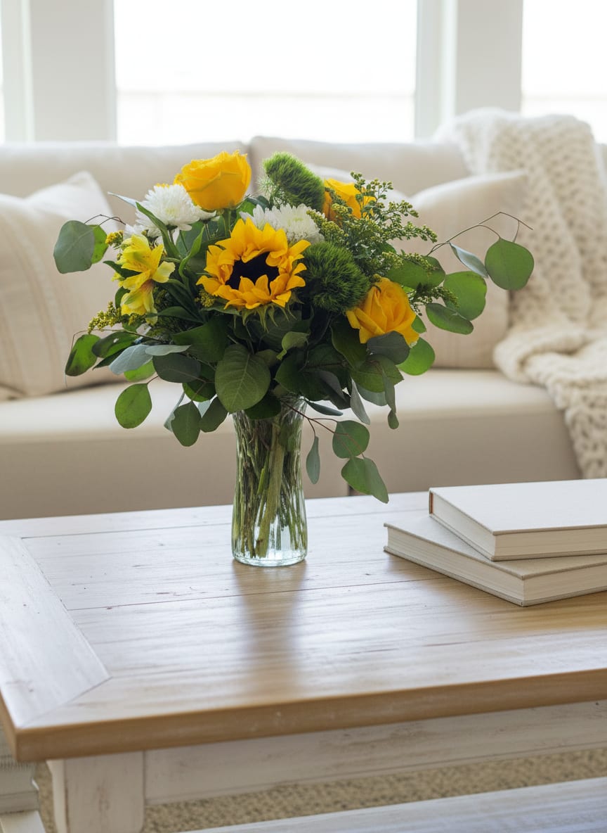Yellow and white flowers in a clear glass vase on a coffee table