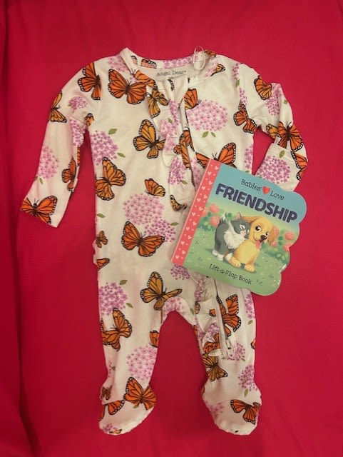 Baby onesie with butterfly print and a friendship board book