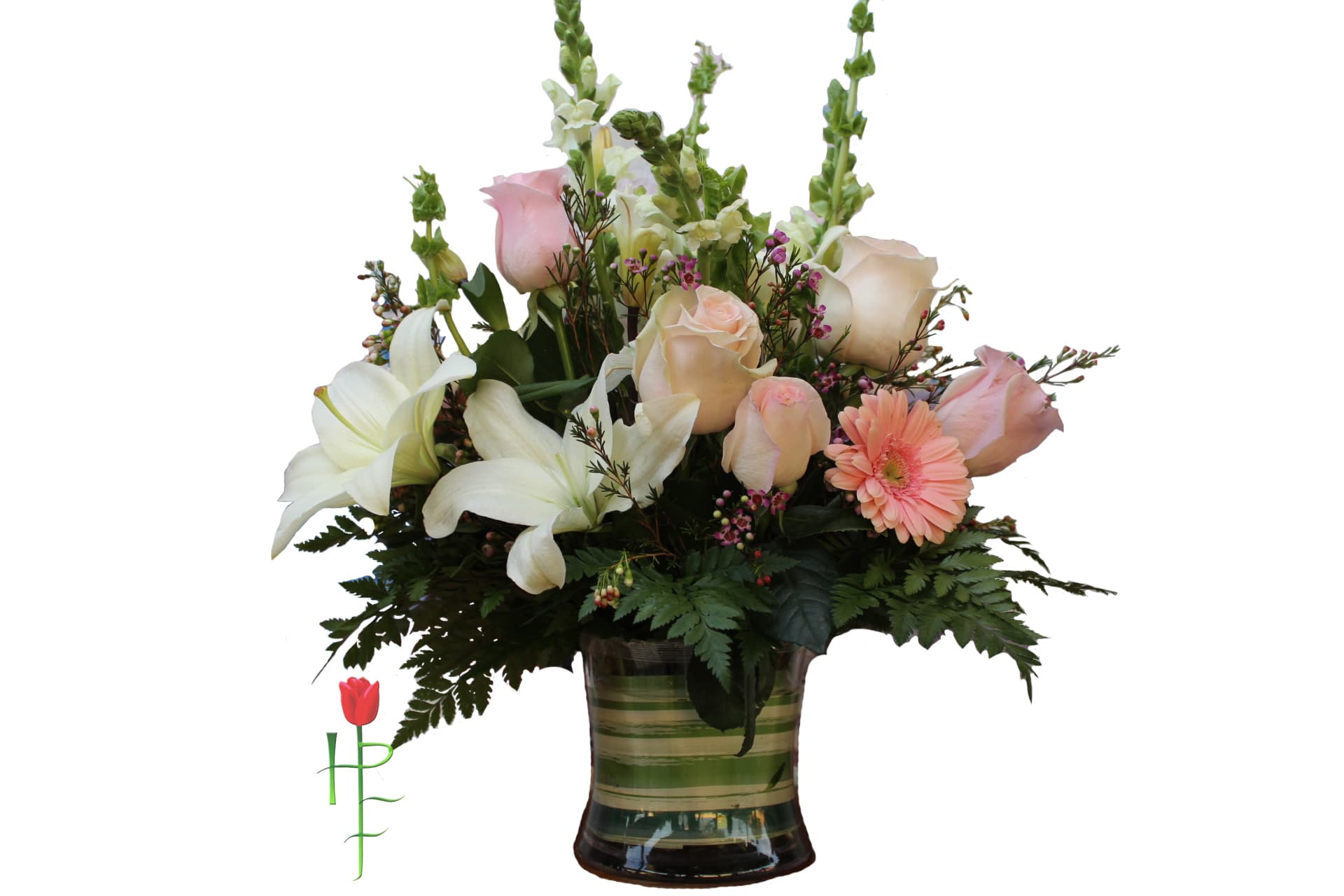 Mixed bouquet of roses, lilies, and gerbera daisies in a glass vase