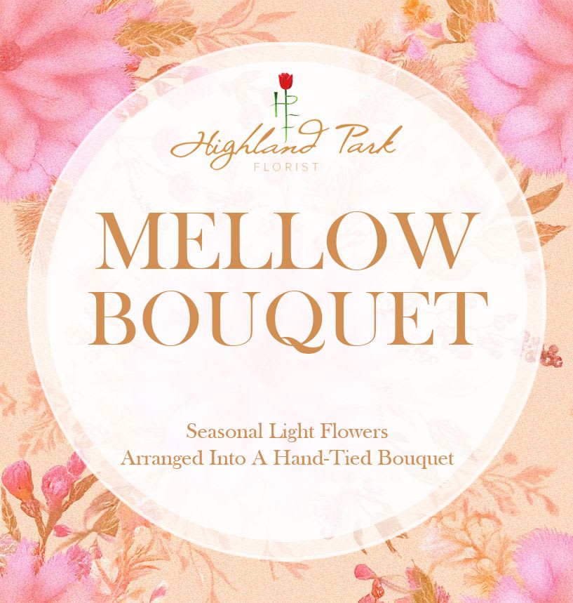 Mellow Bouquet title card with pink floral background