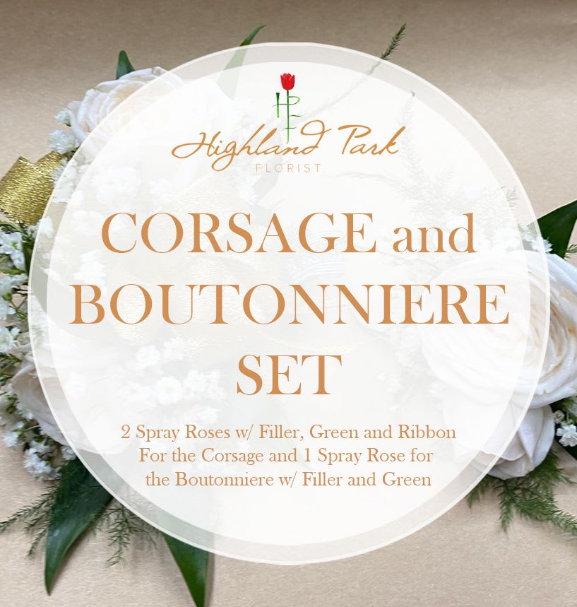 Corsage and Boutonniere Set  - 2 Spray Roses w/ Filler, Green and Ribbon For the Corsage and 1 Spray Rose for the Boutonniere w/ Filler and Green.  *Please include in the special instructions what color ribbon you'd like for the corsage*
