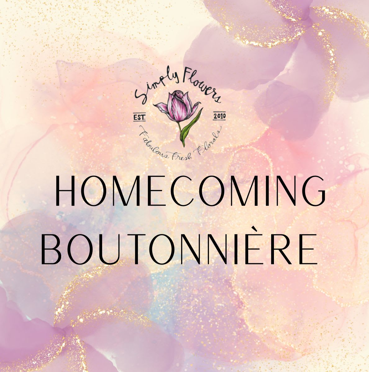 Homecoming boutonniere graphic with a pink floral logo on a pastel background