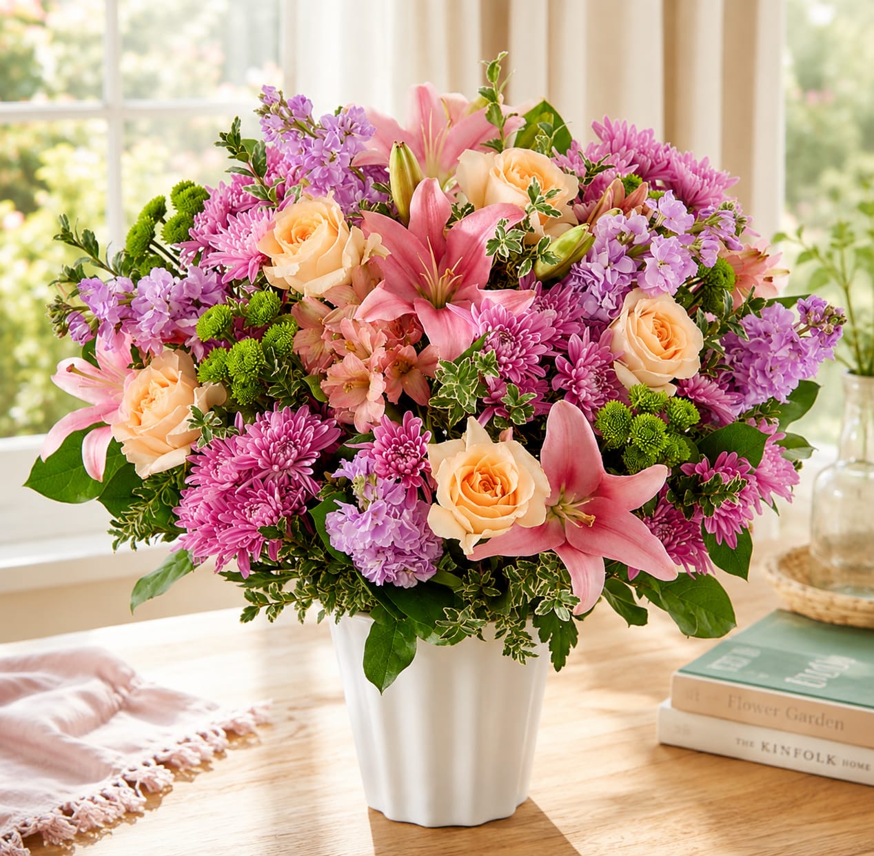 Pink and peach flower arrangement in a white vase