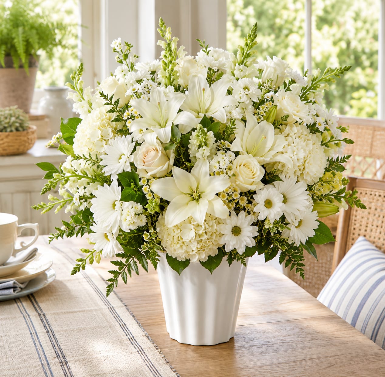 White floral arrangement in a white vase with lilies, roses, and daisies