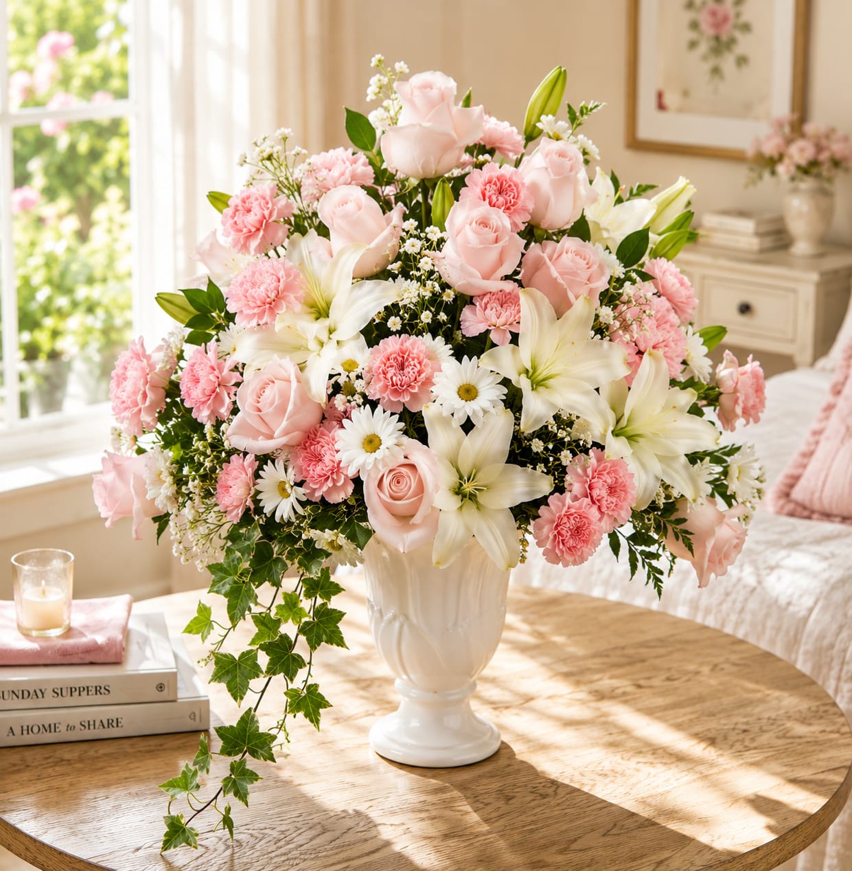 Pink and white flower arrangement in a white vase on a table