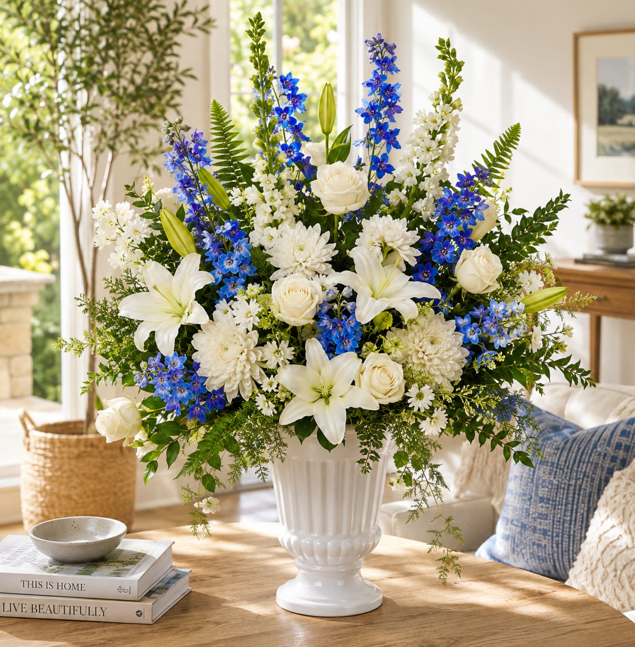White and blue floral arrangement in a white vase