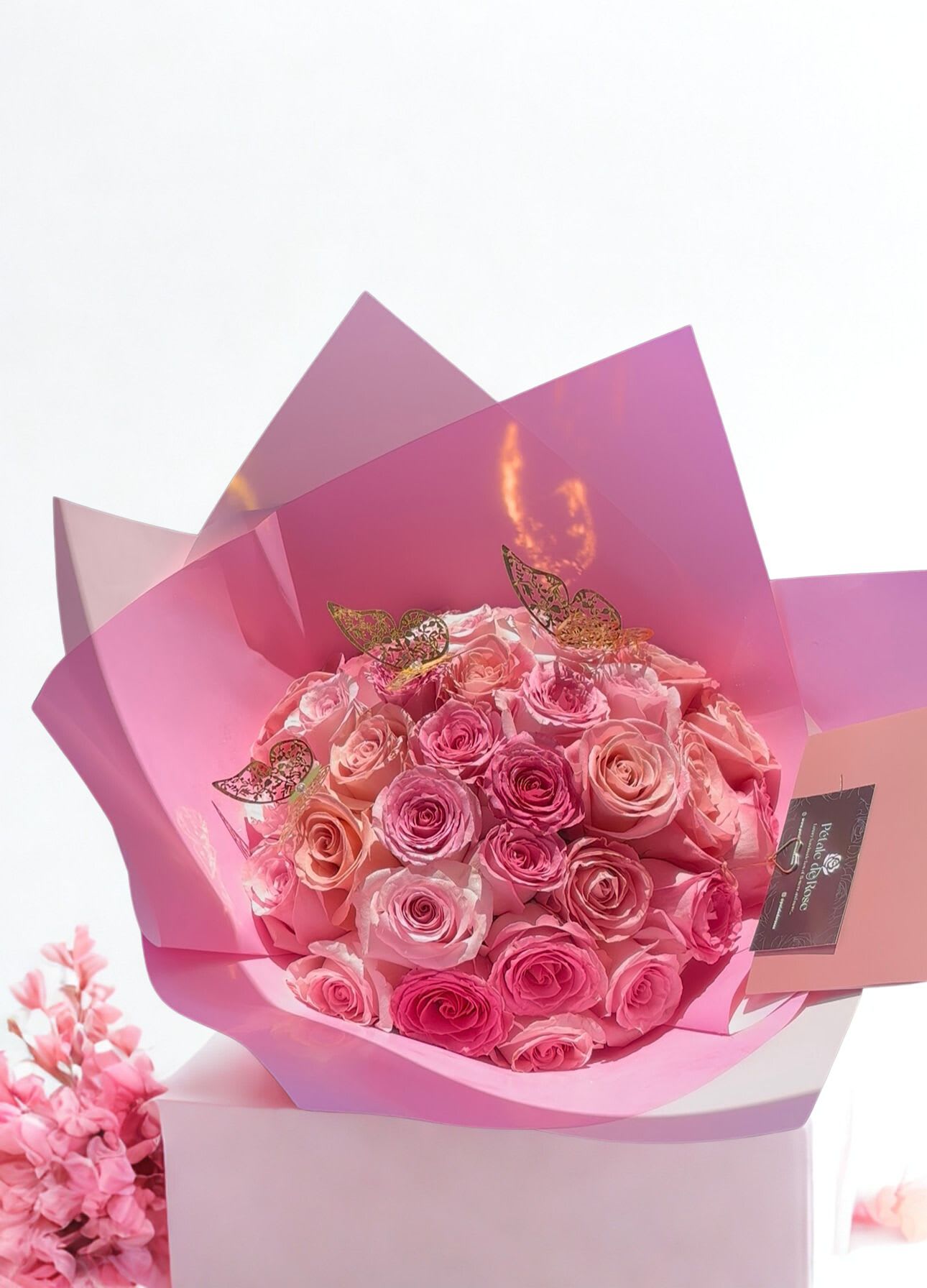 Pink Bouquet - Surprise her with this bouquet  pink tones for the roses   30 Fresh hand-picked roses standard size   Pink colors variety for roses    Handcrafted with love by Pétale de Rose  Same-day delivery available in Houston &amp; Katy