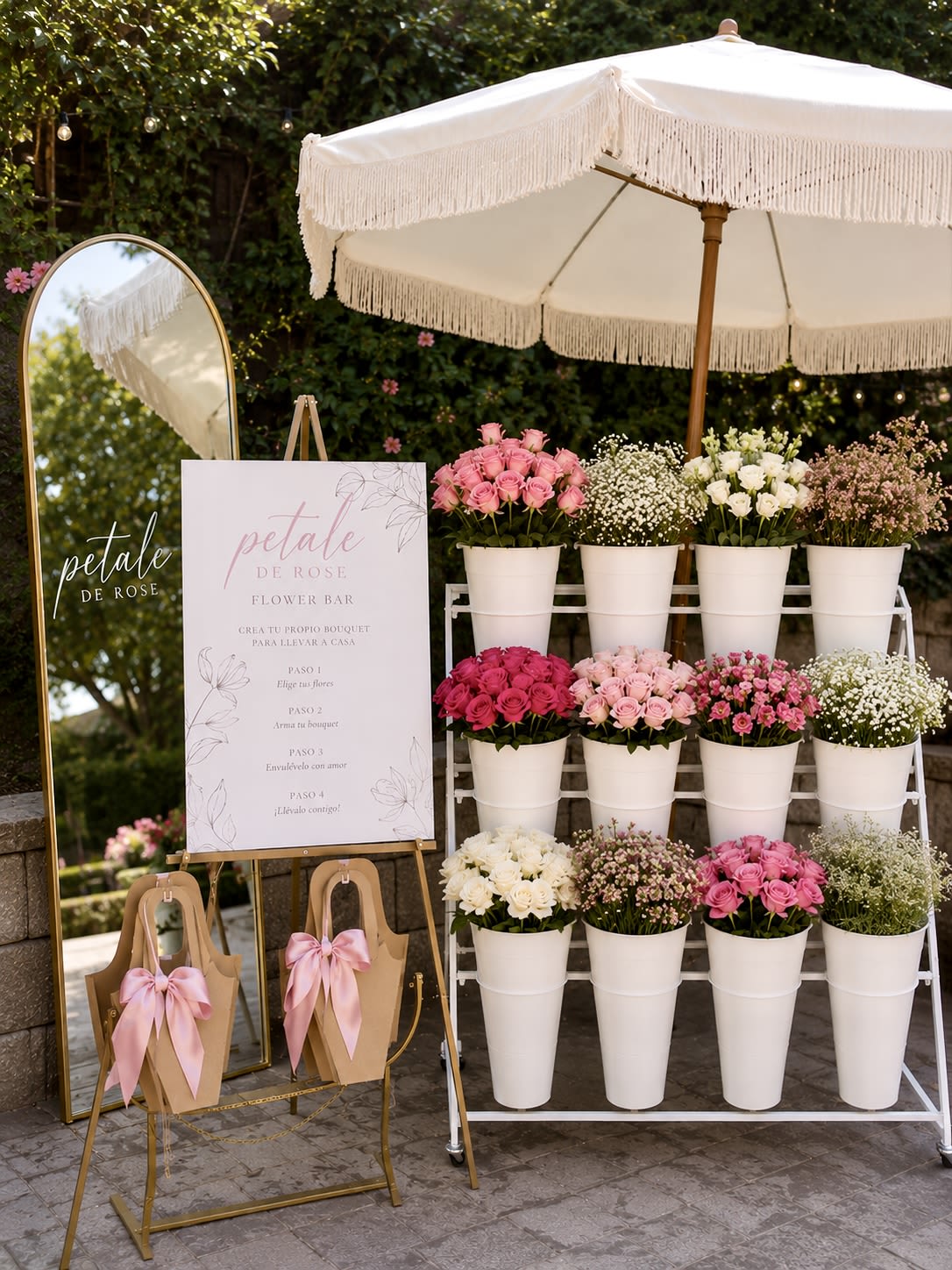 Flower Bar  - Pétale de Rose Flower Bar   An interactive floral experience where your guests create their own hand-picked bouquet using premium blooms curated by Pétale de Rose.  Perfect for bridal showers, birthdays, baby showers, corporate events, wellness gatherings, luxury picnics, and special celebrations.  Guests build their own bouquet using fresh curated blooms while enjoying a dreamy, luxury-inspired atmosphere.  Includes: • 2-hour flower bar setup • Assistance from the florist during the experience • Premium fresh flowers &amp; fillers • Bouquet wrapping station • Ribbons &amp; bouquet bags • Elegant aesthetic styling  Designed for approximately up to 15 guests.   Let us know if you need it for more time or and more than 15 guests by calling our direct number we can provide you with a custom quote : 346-366-5833  (Delivery and set up fee not included please note there will be an extra fee depending on location)