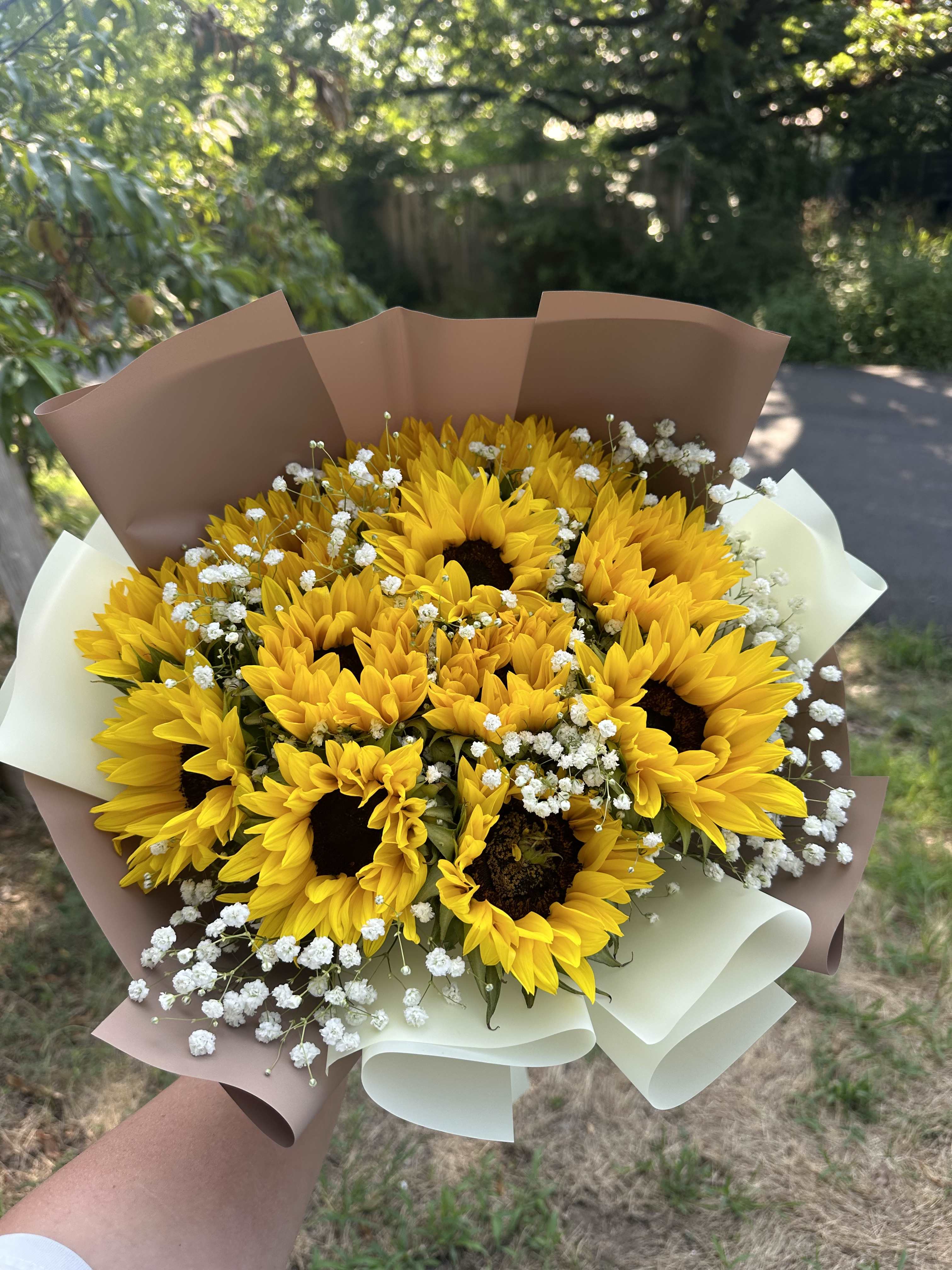 Bouquet of yellow sunflowers with white baby's breath in brown and white paper