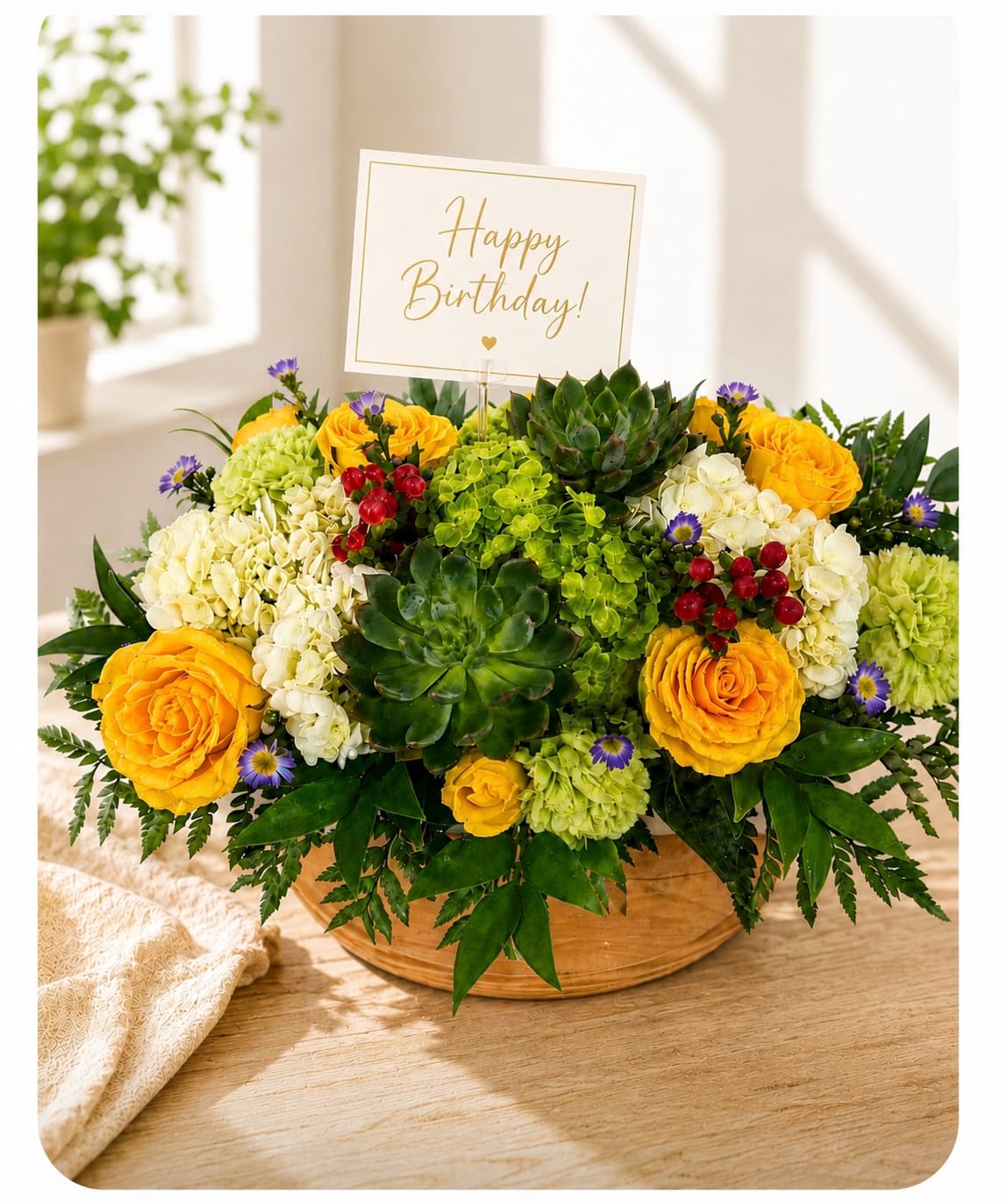 Sunshine Serenity - A beautiful blend of golden roses, lush hydrangeas, vibrant green carnations, succulents, and seasonal accents arranged in a natural basket. This elegant design symbolizes appreciation, joy, and gratitude, making it perfect for Father's Day, birthdays, anniversaries, thank-you gifts, or any special occasion Colors and flower varieties can be customized to suit your occasion and style