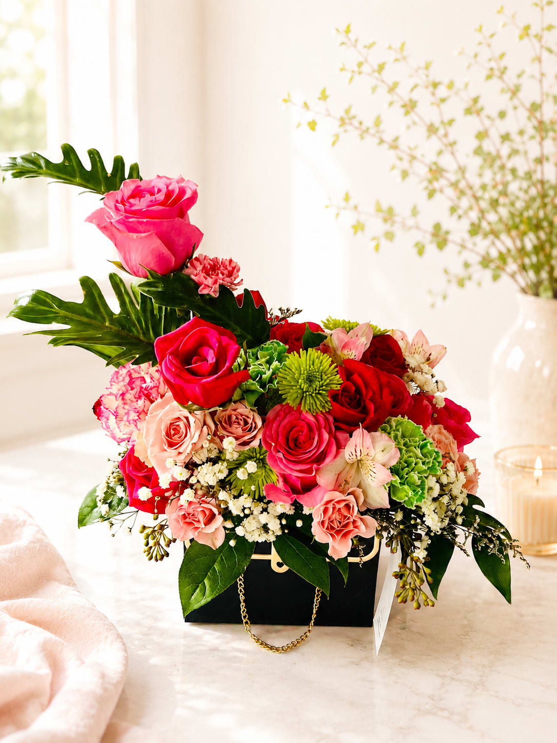 Blush &amp; Bloom Handbag - A luxurious floral handbag arrangement featuring premium roses, alstroemeria, carnations, chrysanthemums, and delicate baby's breath, beautifully accented with lush greenery. Designed to make a lasting impression, this elegant arrangement is perfect for birthdays, anniversaries, celebrations, or simply brightening someone's day. Flower colors may vary based on seasonal availability while maintaining the same premium style, fullness, and overall beauty.  