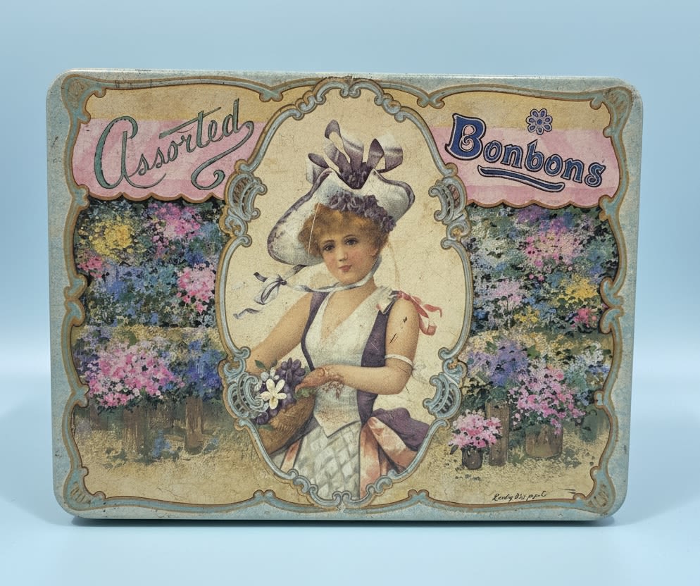 Antique Chocolates tin - A vintage-style decorative tin repurposed as a charming floral keepsake makes the perfect birthday or "just because" gift for someone who loves nostalgic details. This Antique Chocolates tin features an "Assorted Bonbons" illustration with a period-dressed figure and dense painted blooms in pastel pinks, purples, blues, yellows and white - a soft, romantic palette that reads as both whimsical and antique, ideal for occasions from anniversaries and weddings to "thinking of you" or a tender apology.  Inside the collectible tin you'll find a mixed-color selection of blooms arranged to complement the tin's ornate artwork, with delicate textures and a light, airy silhouette that highlights the pastel tones. The decorative box itself becomes part of the gift: reusable as a trinket or candy tin, it adds lasting value beyond the flowers and suits gifts for new babies, Mother's Day, Valentine's Day, or to say thank you and get well wishes. Sized as a tasteful tabletop accent, it arrives ready to gift - a keepsake presentation that makes the recipient feel truly seen.