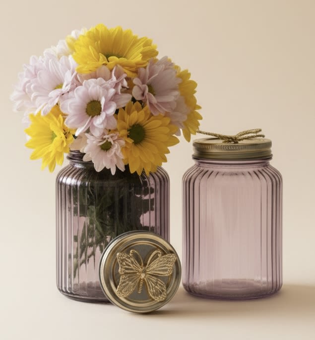 Butterfly Daisy Gift jar set - Bright, cheerful daisies tucked into a ribbed purple glass jar make this flower arrangement an effortless way to say Thank You, Happy Birthday, or just because you're thinking of them. The Butterfly Daisy Gift jar set pairs a small bouquet of daisy-like blooms in sunny yellow, soft blush-pink, purple accents, and clean white-arranged in a muted lavender vase that feels handmade and casually elegant. A second matching jar with a butterfly-adorned lid and twine adds charm and makes the set perfect for gift giving, housewarming, or a sweet new baby welcome.  The flowers sit naturally loose for an airy, spring-into-summer look that works for Mother's Day, Best Friends Day, or a thoughtful I'm Sorry gesture. The purple glass's ribbed texture and soft color highlight the petals' contrast and brighten any bedside table, kitchen counter, or office desk. Measures as a petite display ideal for small spaces; treat as a seasonal pick-me-up for Labor Day gatherings or a lasting little centerpiece for everyday moments. Care is simple-fresh-cut stems in clean water, recut occasionally to prolong vase life.
