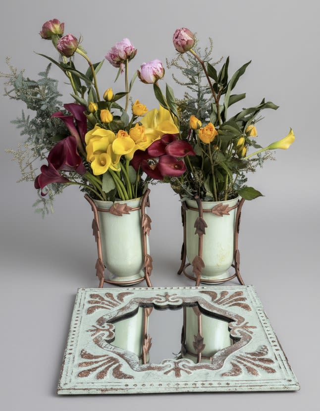 Custom Decor Duo -Calla Lilies and Peonies - Bright yellow and deep burgundy calla lilies pair with soft pink tulip-like blooms and delicate rose buds in a spring-ready flower arrangement designed for birthdays, anniversaries, weddings, or a thoughtful "just because" surprise. The upright double-vase presentation feels both celebratory and intimate-perfect for making someone feel seen on a birthday or marking a special anniversary with an elegant, slightly vintage touch.  Two pale green ceramic vases sit in decorative metal holders on a mirrored tray, giving the duo a polished, gift-ready look ideal for housewarmings or as a centerpiece at a small wedding table. Airy filler stems add height and texture while white and purple accents keep the palette lively yet romantic. Each arrangement arrives ready to display; place the mirrored tray on a side table or mantel for immediate impact and enjoy the fresh, seasonal colors throughout spring and beyond.