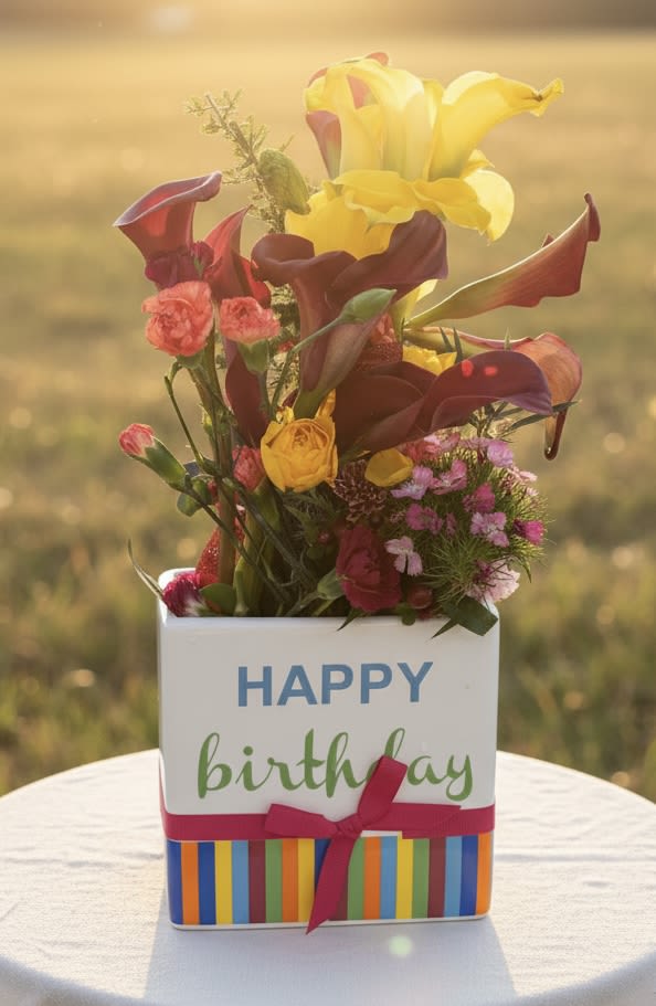 Happy Birthday ceramic Box vase bouquet  - Sun-soaked yellow roses and deep burgundy calla lilies rise above a cheerful ceramic gift box to create a birthday bouquet that feels like a party in bloom. This flower arrangement for birthdays blends pink carnations, mixed-color filler blooms, and red accents into a compact, upright design that reads festive and intentional-the kind of gift that makes the person you're thinking of feel celebrated and seen.  Flowers sit in a white rectangular ceramic box printed with colorful vertical stripes and a "Happy birthday" message, finished with a bright pink satin ribbon for an extra pop. The palette of yellow, pink, red and burgundy gives strong visual contrast and texture: smooth calla lilies, ruffled carnations, and classic roses arranged tightly so the composition looks abundant from every angle. The size is compact for easy placement on a table or desk and designed to arrive ready to display in its decorative container.  Perfect for friends, coworkers, or family members who appreciate bold color and playful presentation, this bouquet sends a clear "happy birthday" without being fussy. Minimal care is needed-keep water topped up in the box and trim stems if rearranging-to help the blooms stay fresh through the celebration.