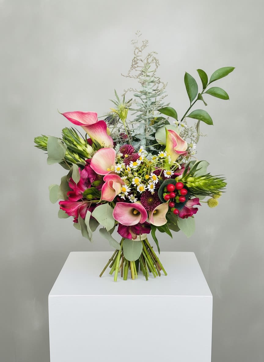 June bug with Chamomile - Pink calla lilies take center stage in this loose, garden-style flower arrangement-an airy, sculptural bouquet perfect for an anniversary, birthday, or "just because" moment. Soft white chamomile-like daisies and deep purple button mums add cheerful contrast while pale green foliage and tall branching stems give the design a modern, organic silhouette that will make the recipient feel genuinely seen.  The palette mixes pink, purple, white, and green for a bright, fresh look that suits spring and summer celebrations as well as new baby welcomes, housewarmings, thank-you gestures, and get-well wishes. Expect a mix of alstroemeria, chrysanthemums, calla lilies and mini callas with daisy clusters woven through eucalyptus-like greenery and occasional red-berry accents for a playful pop. The loose, asymmetrical composition arrives ready to display-ideal for anyone who loves contemporary, garden-inspired flowers.
