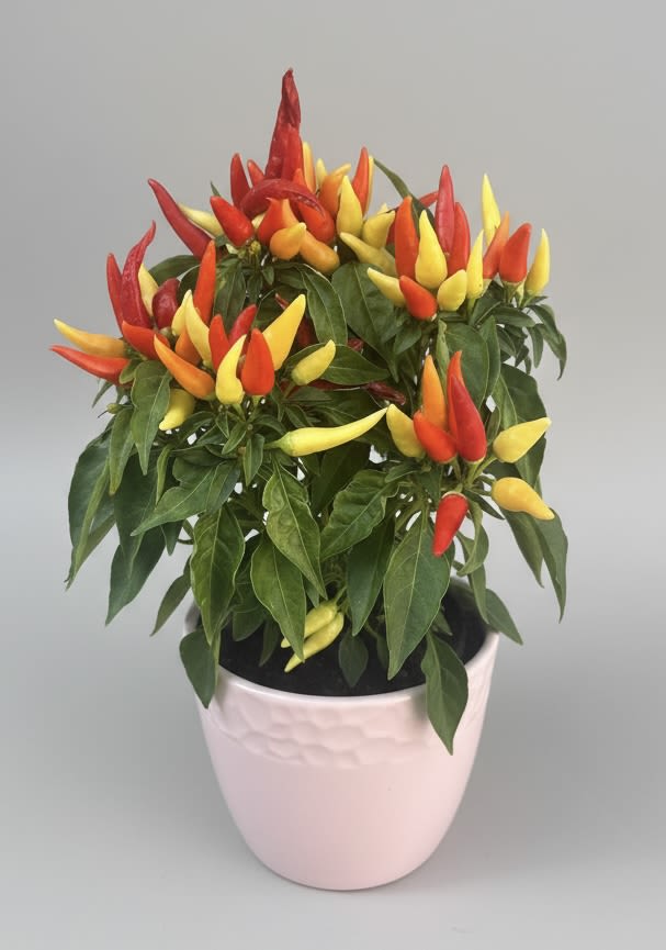 Potted Peppers - Bright clusters of upright chili peppers in red, yellow, and orange make this potted plant an instant conversation piece-perfect as a housewarming gift, a cheerful birthday surprise, or a colorful centerpiece for summer and Thanksgiving tabletops. The compact potted pepper plant reads as a living, ornamental accent that says "thoughtful and lively" to the person you're celebrating, whether it's Father's Day, Mother's Day, or just because.  Dense green foliage cradles the glossy peppers, creating a rich textural contrast against the soft pink ceramic pot for a contemporary, decorative look that fits modern homes and office desks alike. Because it's a durable gift plant rather than cut flowers, it's ideal for recipients who appreciate low-maintenance greenery and long-lasting color-perfect for congratulating someone, saying thank you, or brightening someone's day during the holidays or spring.  Place on a sunny windowsill or bright tabletop and water when the top inch of soil feels dry to keep leaves glossy and peppers vibrant; compact size suits small spaces and easy gifting for thinking-of-you moments, anniversaries, or Valentine's Day gestures that favor something a little unexpected.