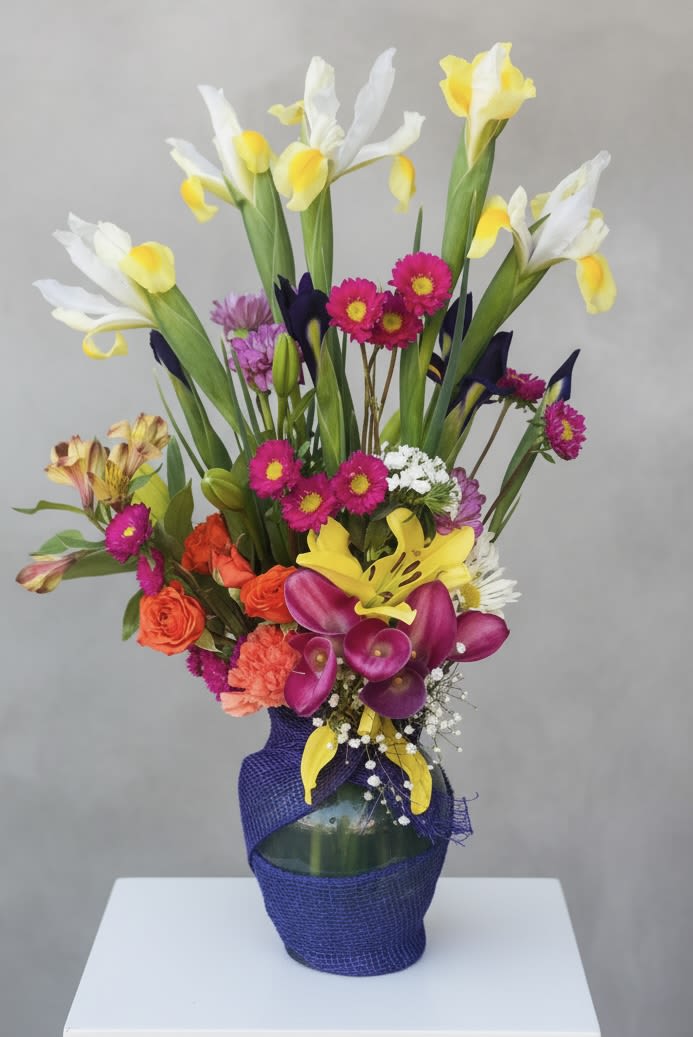 Sexy Spring Bouquet - Bright white and sunny yellow irises rise above a lush, upright mixed bouquet that instantly feels celebratory - perfect as a spring birthday bouquet, a cheerful housewarming gift, or a vibrant Father's Day surprise. This arrangement says "thinking of you" and "thank you" in equal measure, the kind of bouquet that makes the person you're sending it to feel genuinely celebrated and seen.  A dense cluster of magenta daisy-like blooms, coral carnations, orange and garden roses, purple calla lilies and mini callas, along with white filler flowers and yellow daffodils, creates a layered, textural composition full of movement and color. The blooms come arranged in a glass vase wrapped in purple burlap for a rustic yet polished finish; the tall irises give dramatic height while the mixed chrysanthemums, alstroemeria, and daisies fill out a generous, eye-catching silhouette.  Ideal for springtime occasions - Mother's Day, Easter, anniversaries, or simply "just because" - this bouquet is bright enough for congratulations and warm enough for a thoughtful "thinking of you." Designed to arrive ready-to-display in its wrapped vase, it brings immediate color and fragrance to a room; simple fresh-water care will keep the blooms looking lively for days.